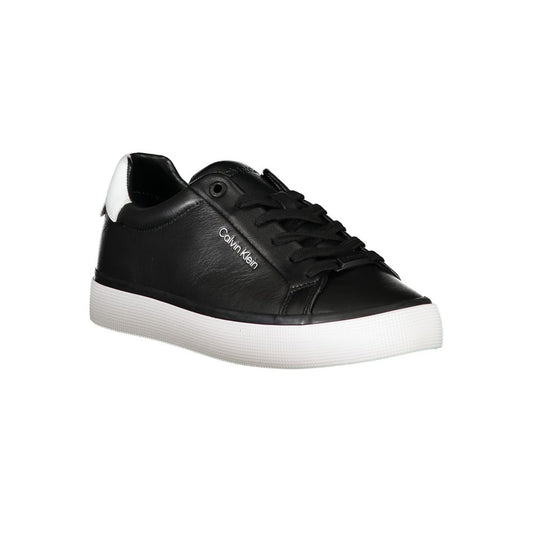 A black leather women's sneaker with white sole, featuring a lace-up design and the Calvin Klein logo