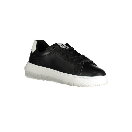 A black leather women's sneaker with white sole, featuring a lace-up front and a flat sole design