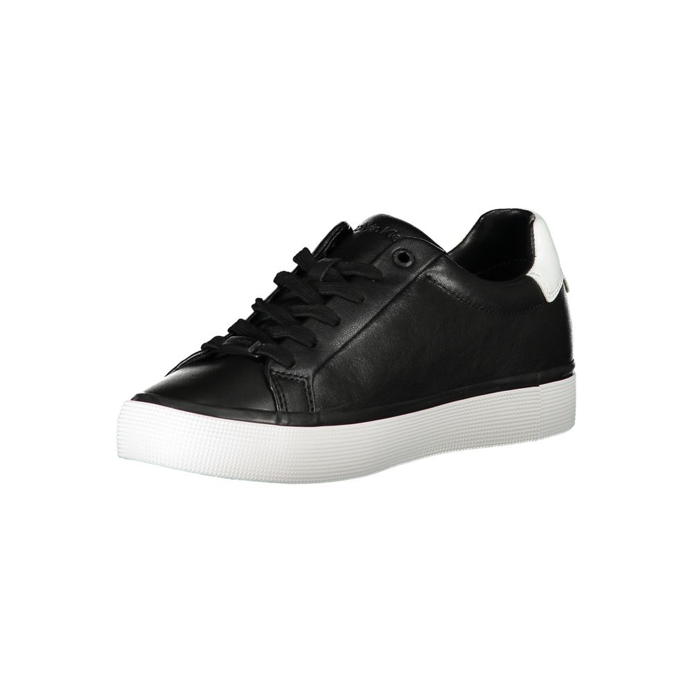 A black leather women's sneaker with white sole