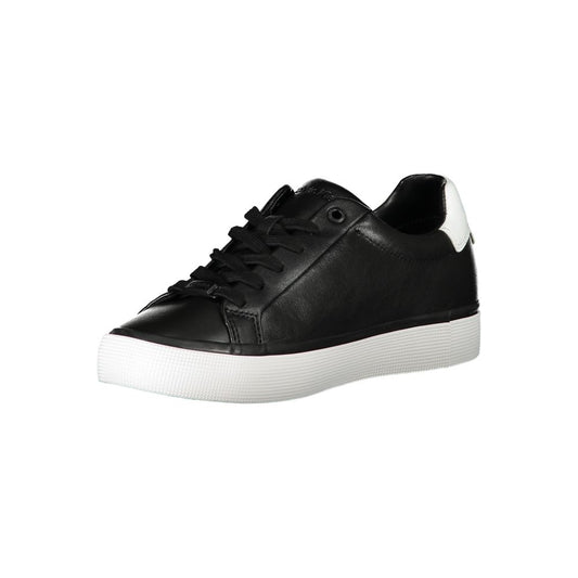 A black leather women's sneaker with white sole