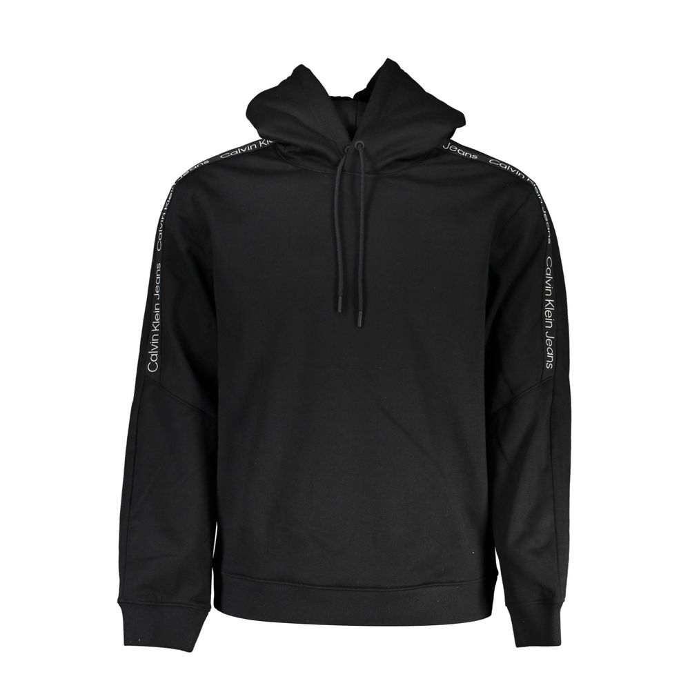 Black hoodie with white lettering on sleeve