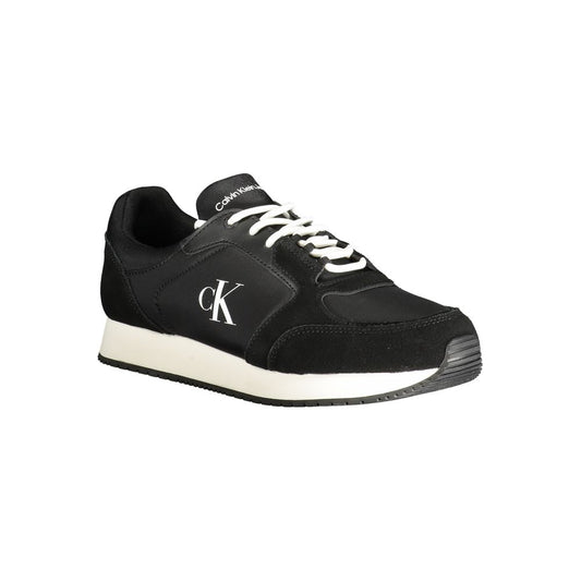 A black polyurethane men's sneaker with white sole and a white logo on the side