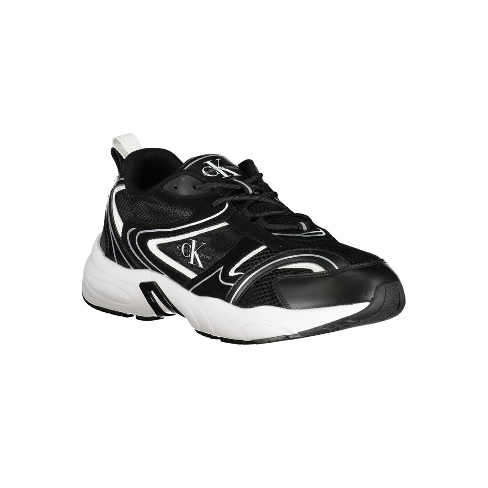 A black polyurethane men's sneaker with white laces and a white sole