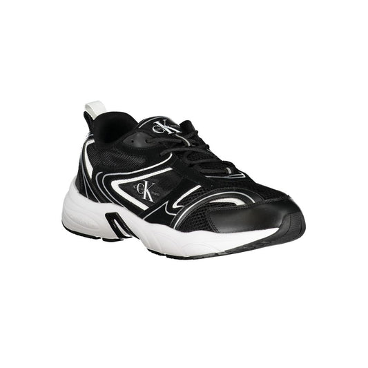 A black polyurethane men's sneaker with white laces and a white sole
