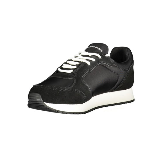 A black polyurethane men's sneaker with white laces and a white sole