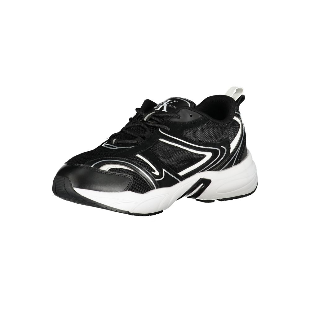 A black polyurethane men's sneaker with white laces and a white sole