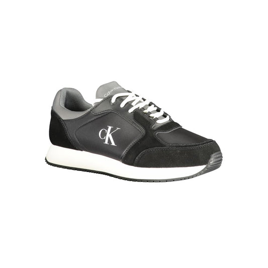 A black polyurethane men's sneaker with white sole, featuring a logo on the side