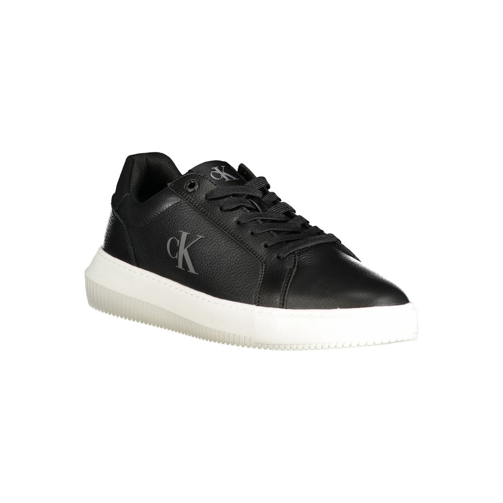 A black polyurethane men's sneaker with a white sole, featuring a logo on the side