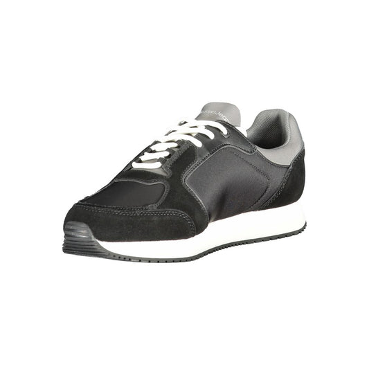 A black polyurethane men's sneaker with white laces, a white sole, and a logo on the side