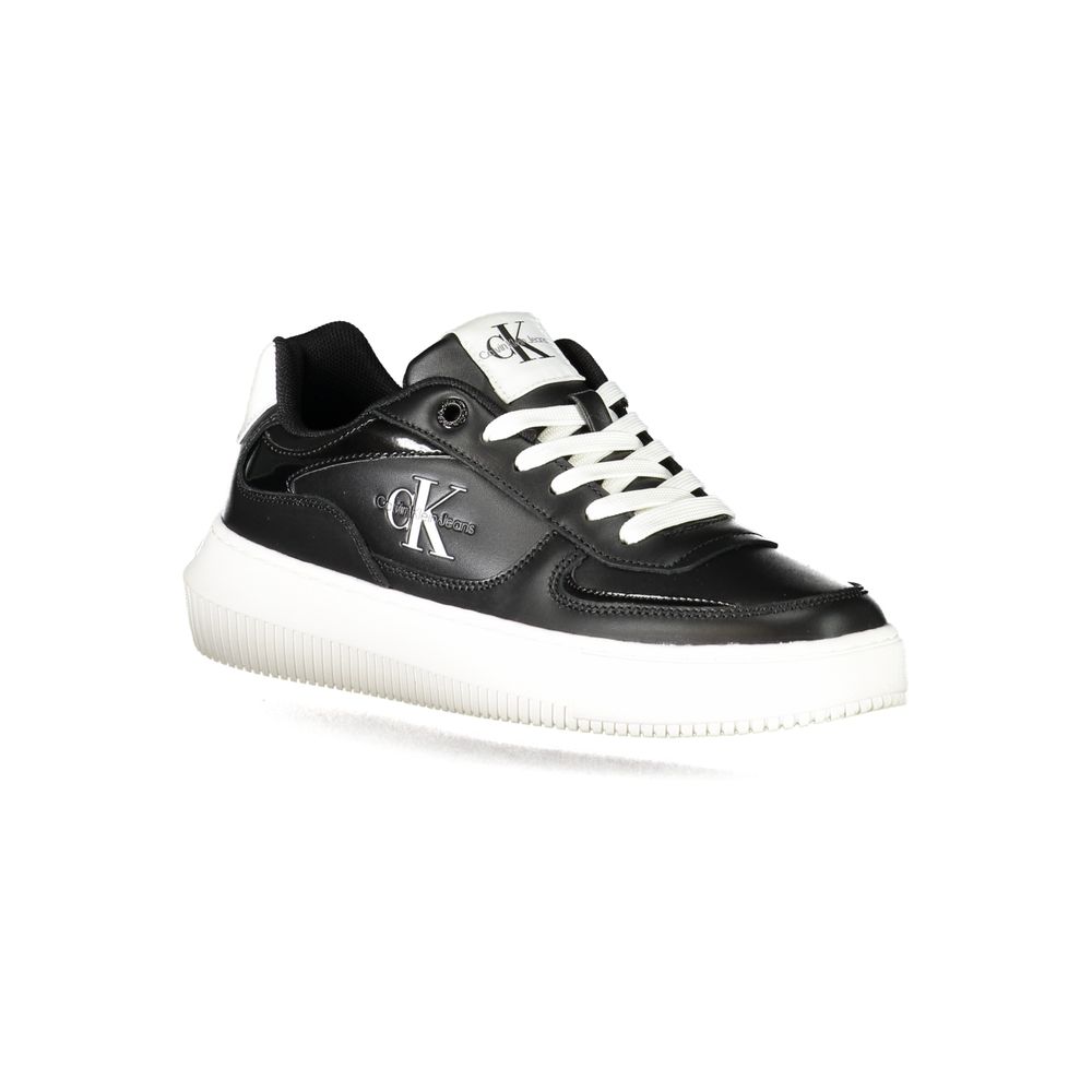A black women's sneaker with white laces from Calvin Klein, featuring a polyurethane sole and the brand's logo on the side