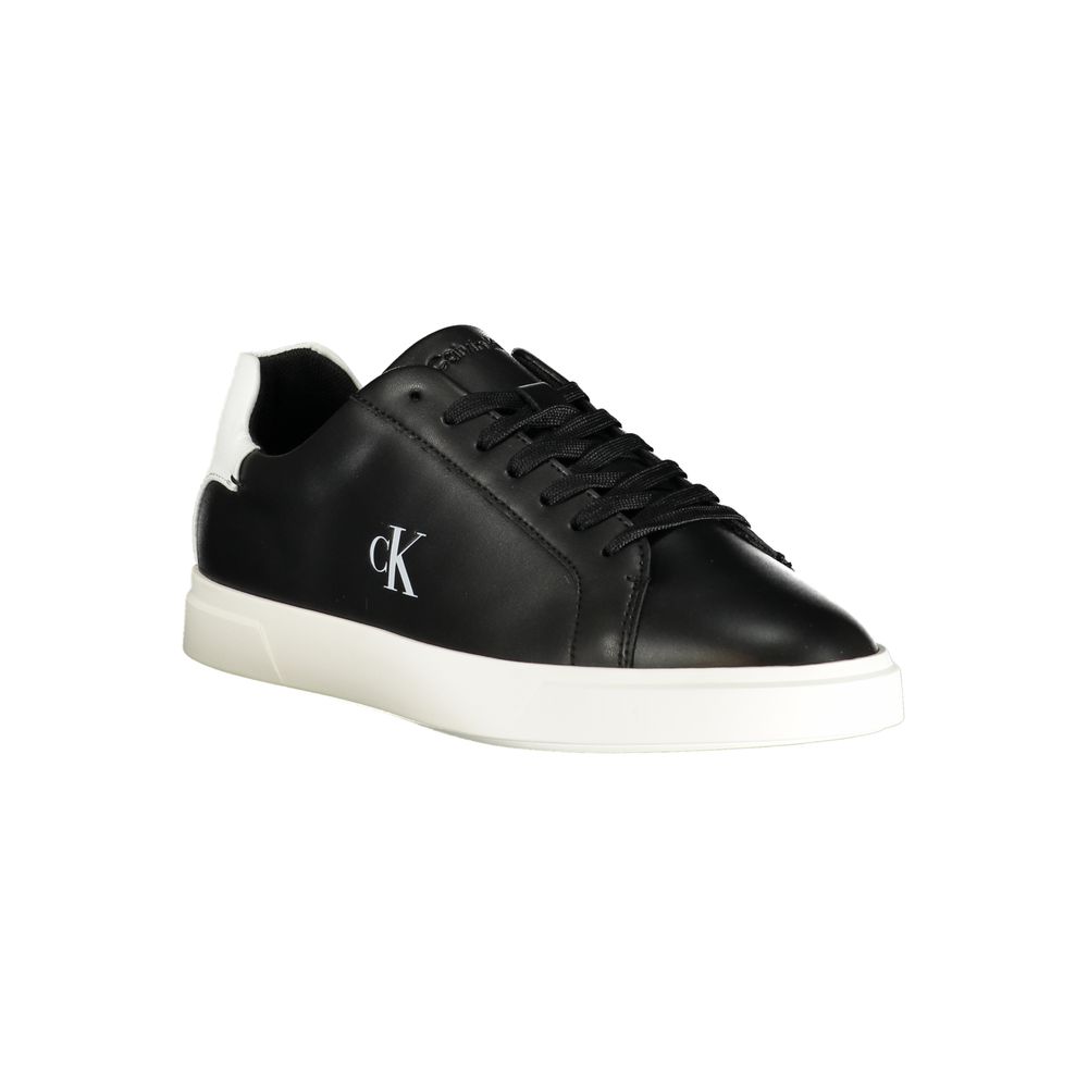 A black women's sneaker with white sole, featuring a logo on the side and a lace-up front