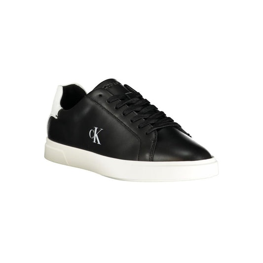 A black women's sneaker with white sole, featuring a logo on the side and a lace-up front
