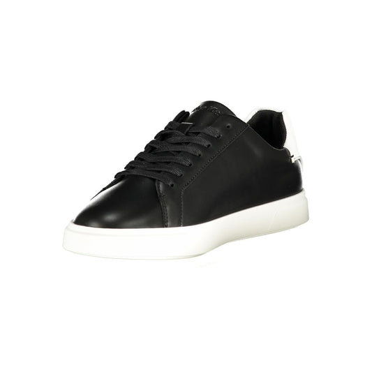 A black women's sneaker with white sole, featuring a lace-up front and a round toe design