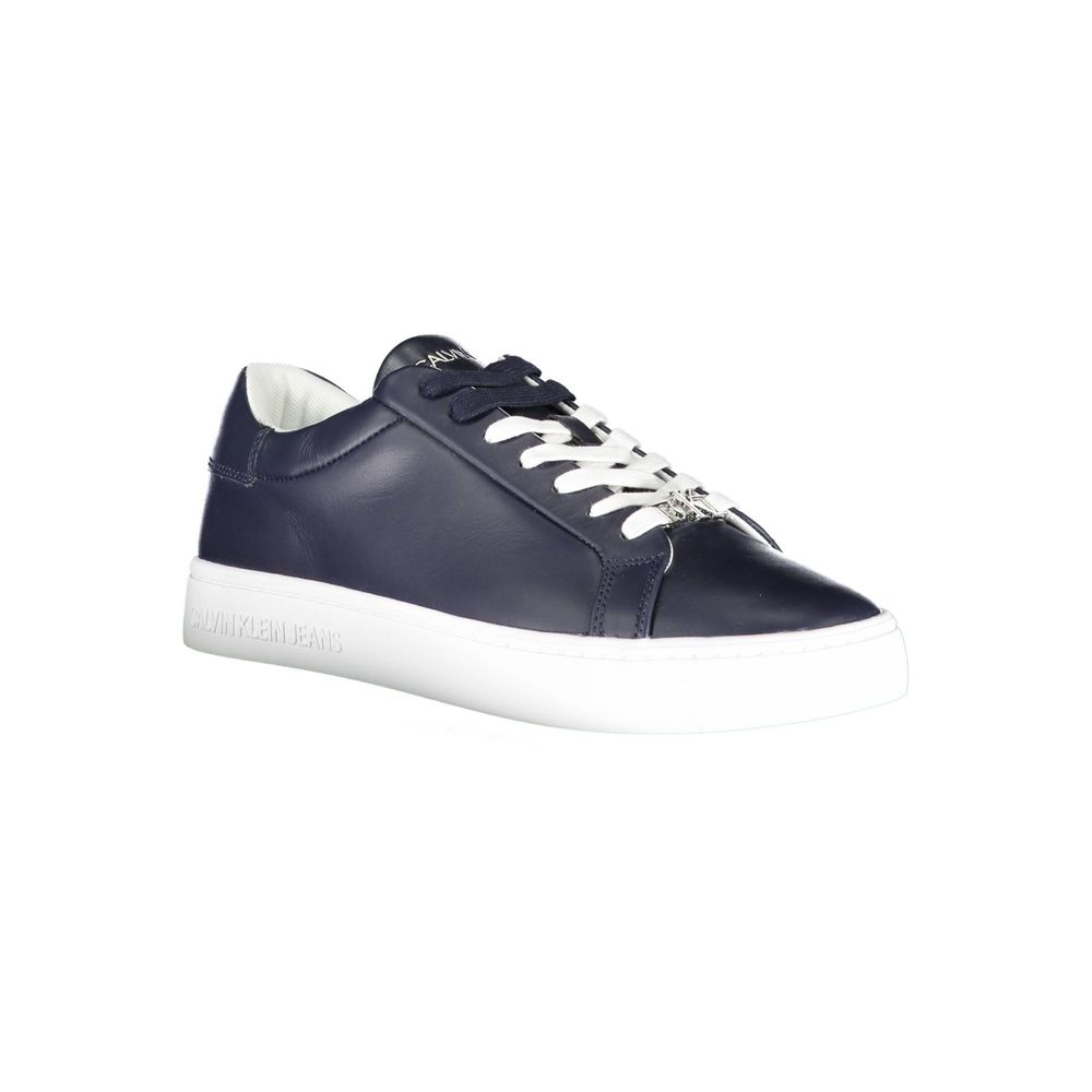 A blue leather men's sneaker with white laces