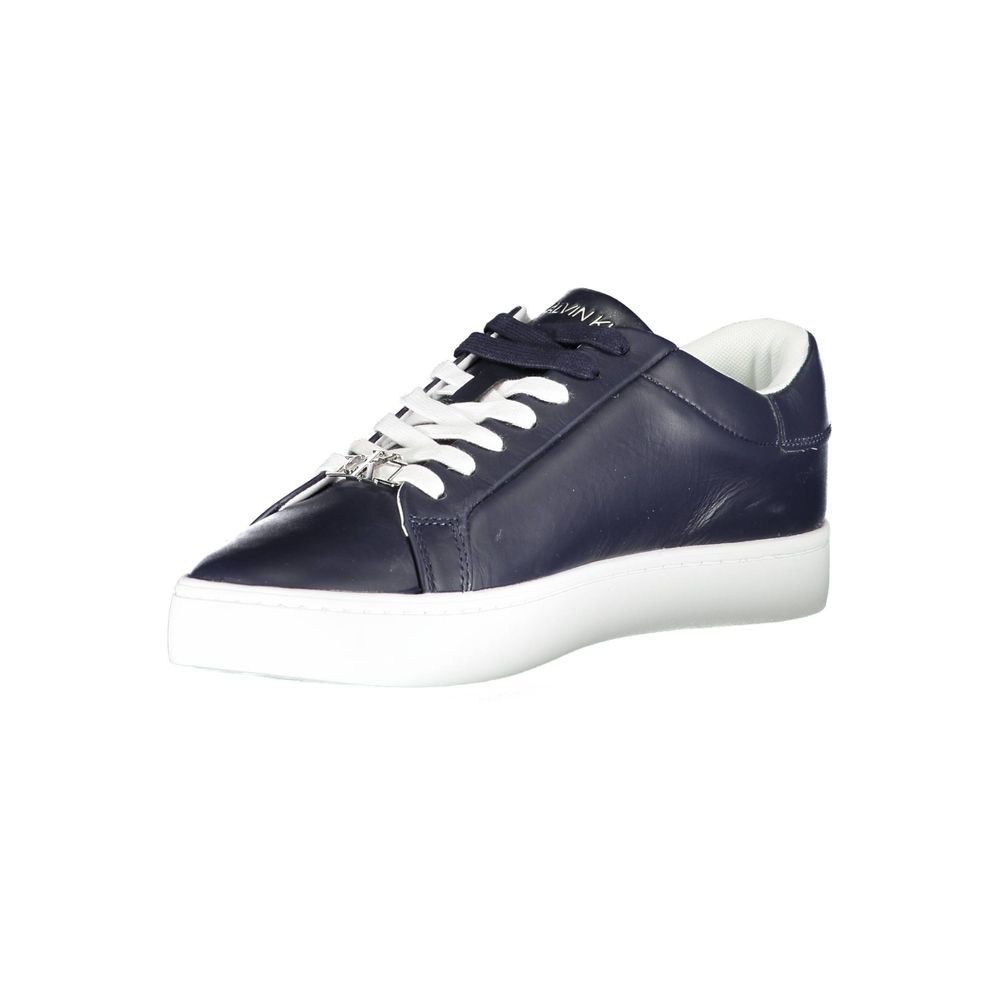A blue leather men's sneaker with white sole, laces, and a small logo on the side