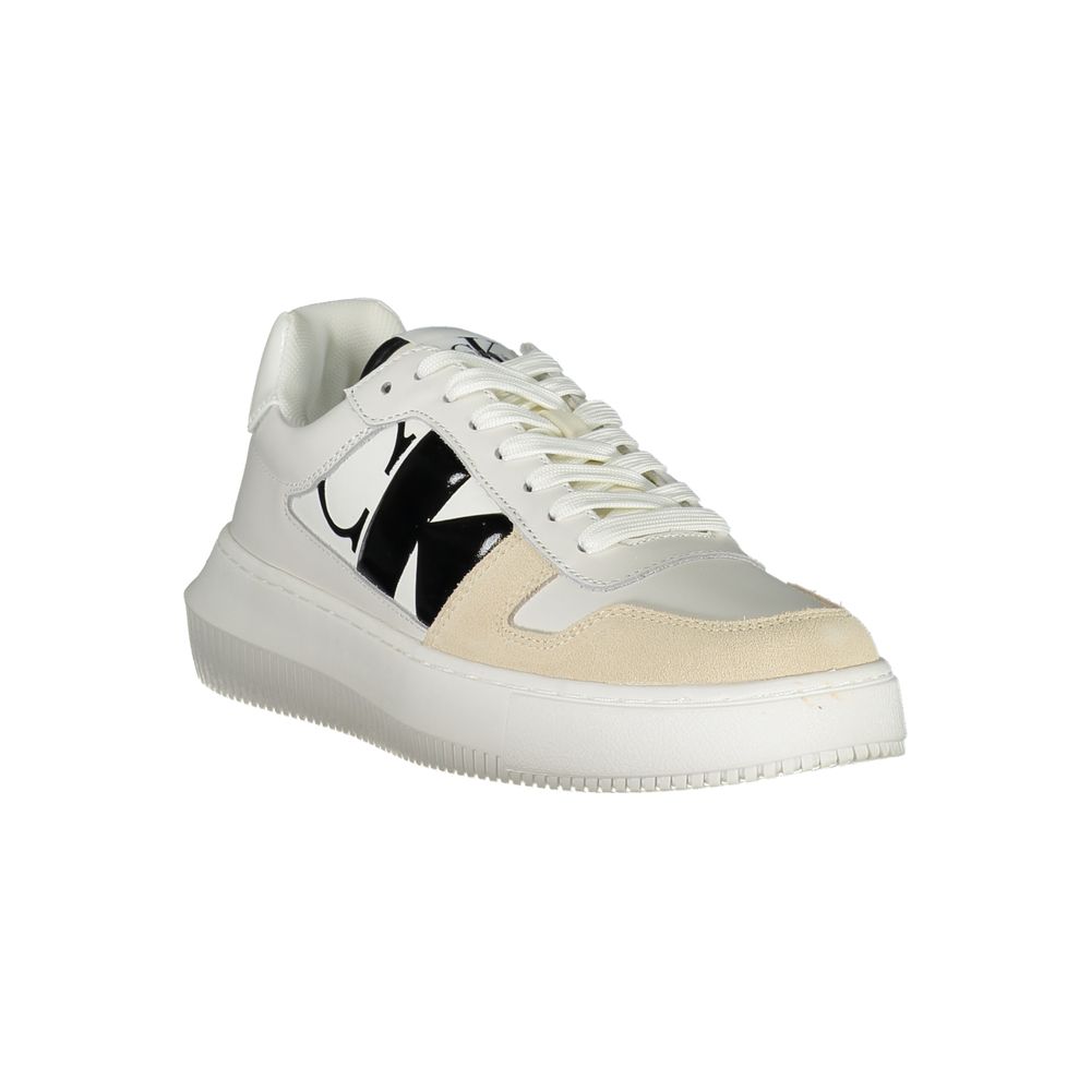 A pair of white lace-up sneakers with contrast detail, featuring a low top and flat sole