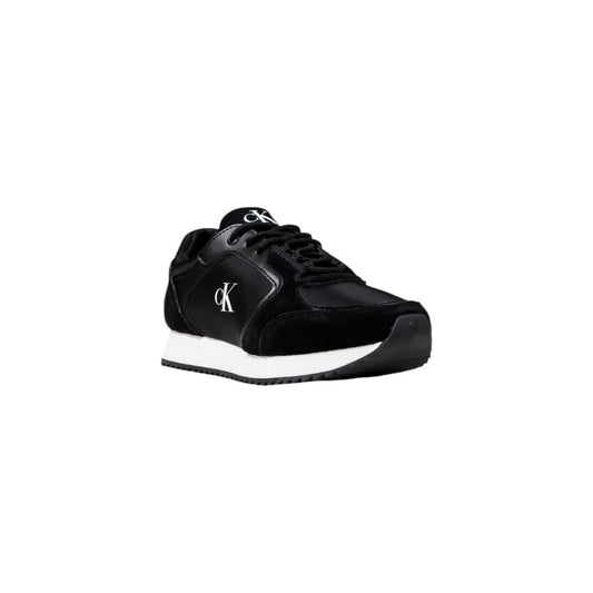 A pair of black athletic sneakers with white soles, featuring a logo on the side and made from polyamide