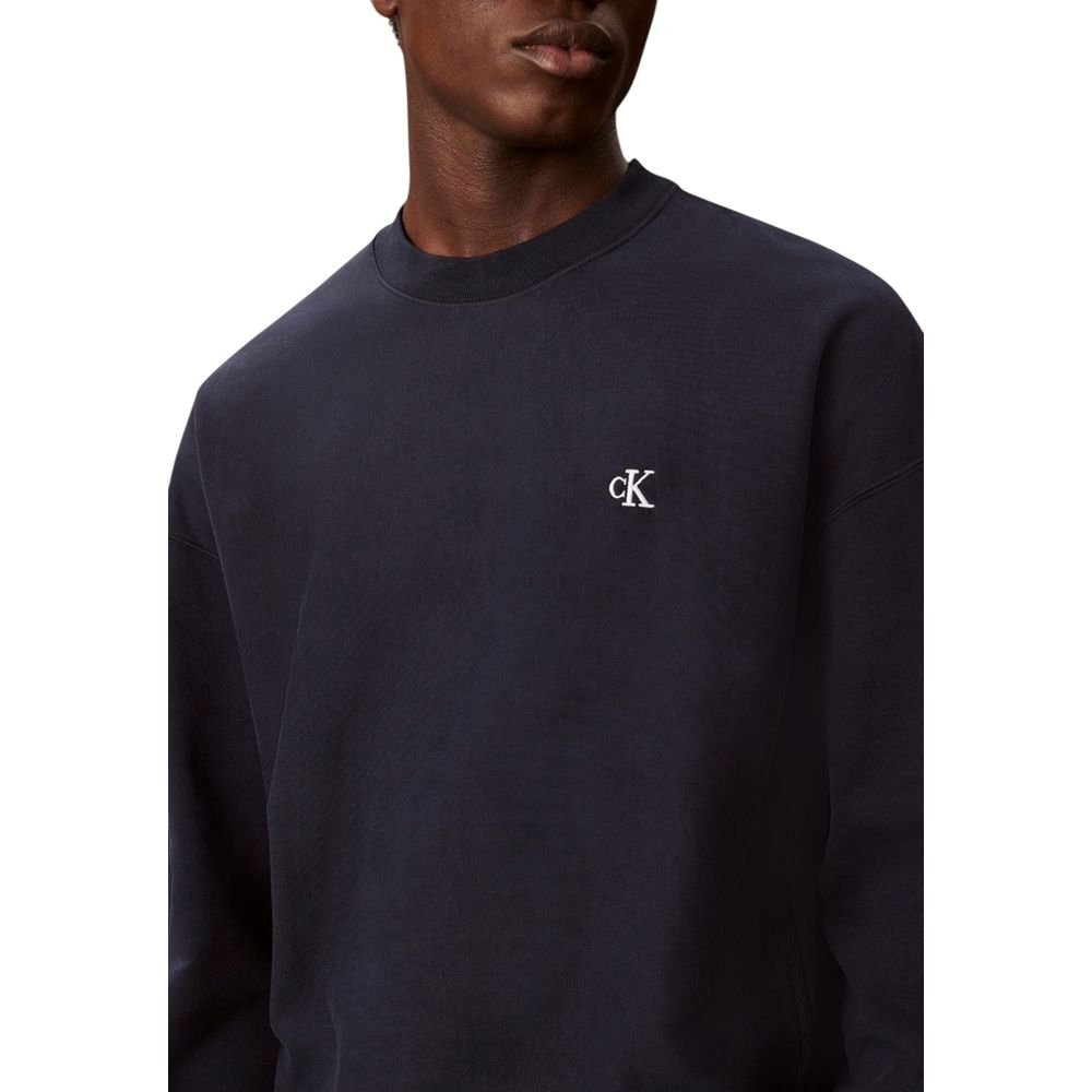 Navy blue sweatshirt with white logo on front
