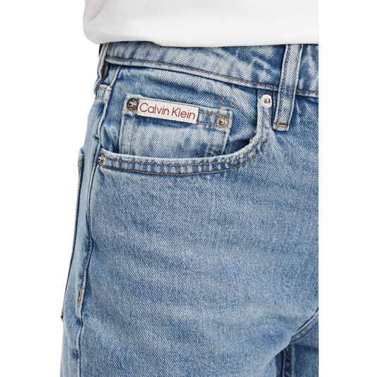 Blue denim jeans with a brand label on the back pocket