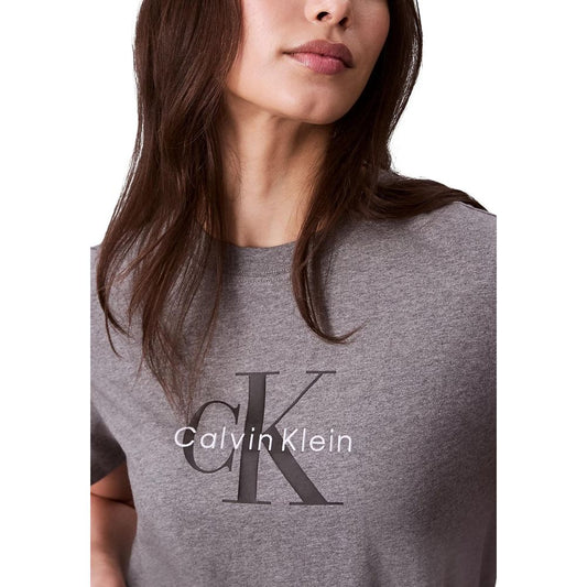 A gray cotton t-shirt with a logo on the front