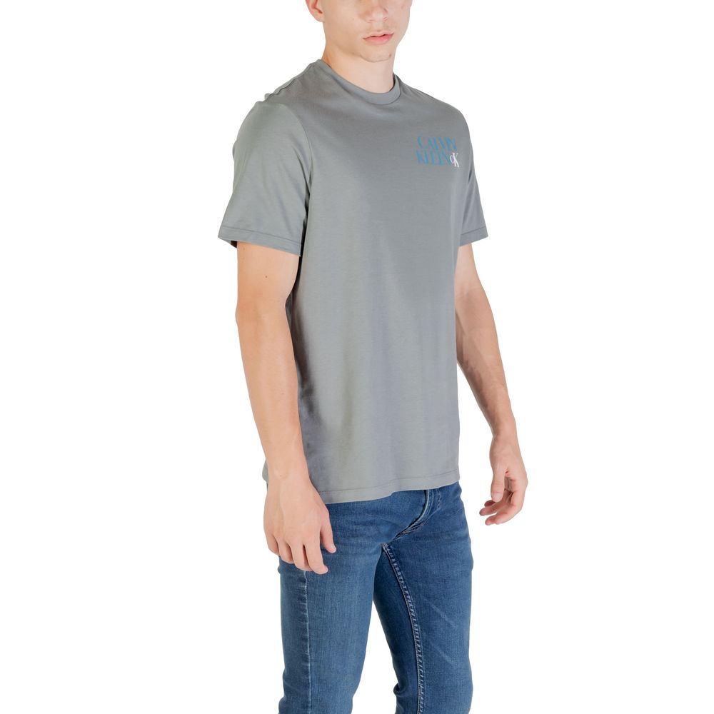 A gray cotton t-shirt with a small logo on the chest