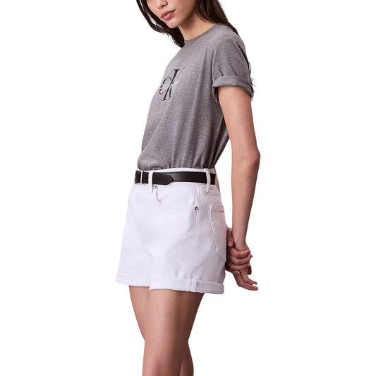A gray cotton t-shirt with a logo on the front, worn by a model