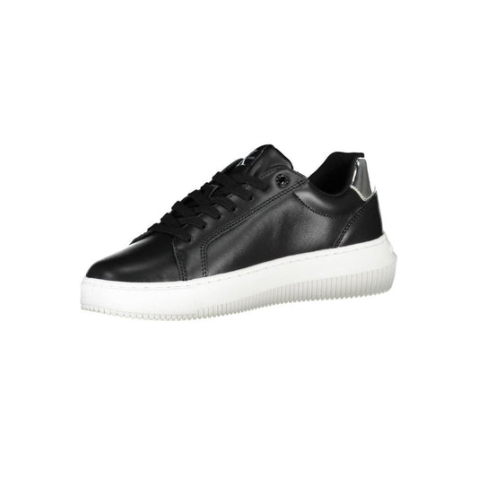 Black leather women's sneaker with white sole, featuring a round toe and lace-up front