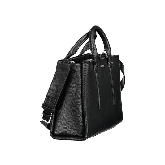 Black leather handbag with long strap
