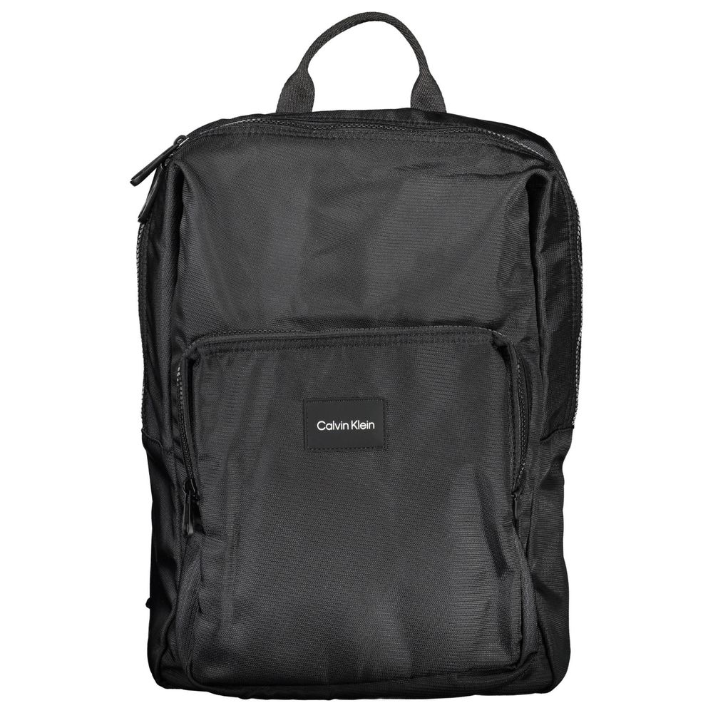 Black backpack with logo on front