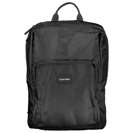 Black backpack with logo on front
