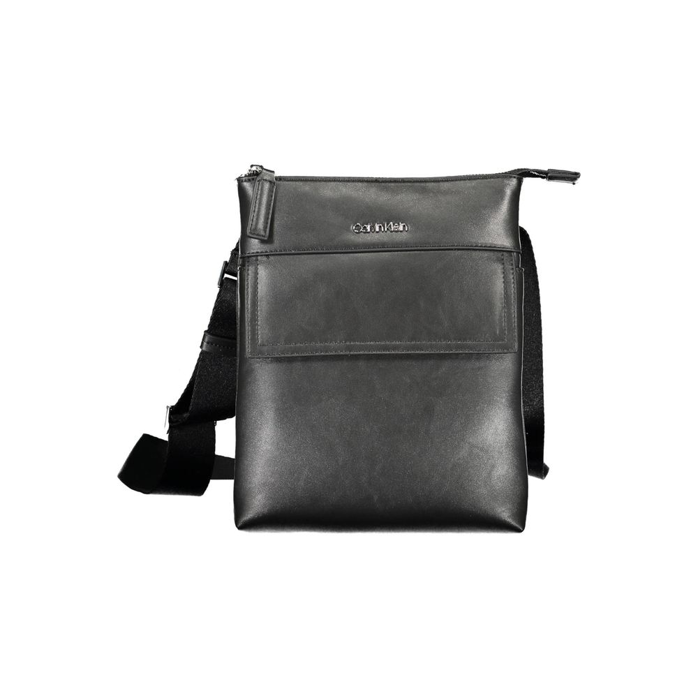 Black leather messenger bag with strap