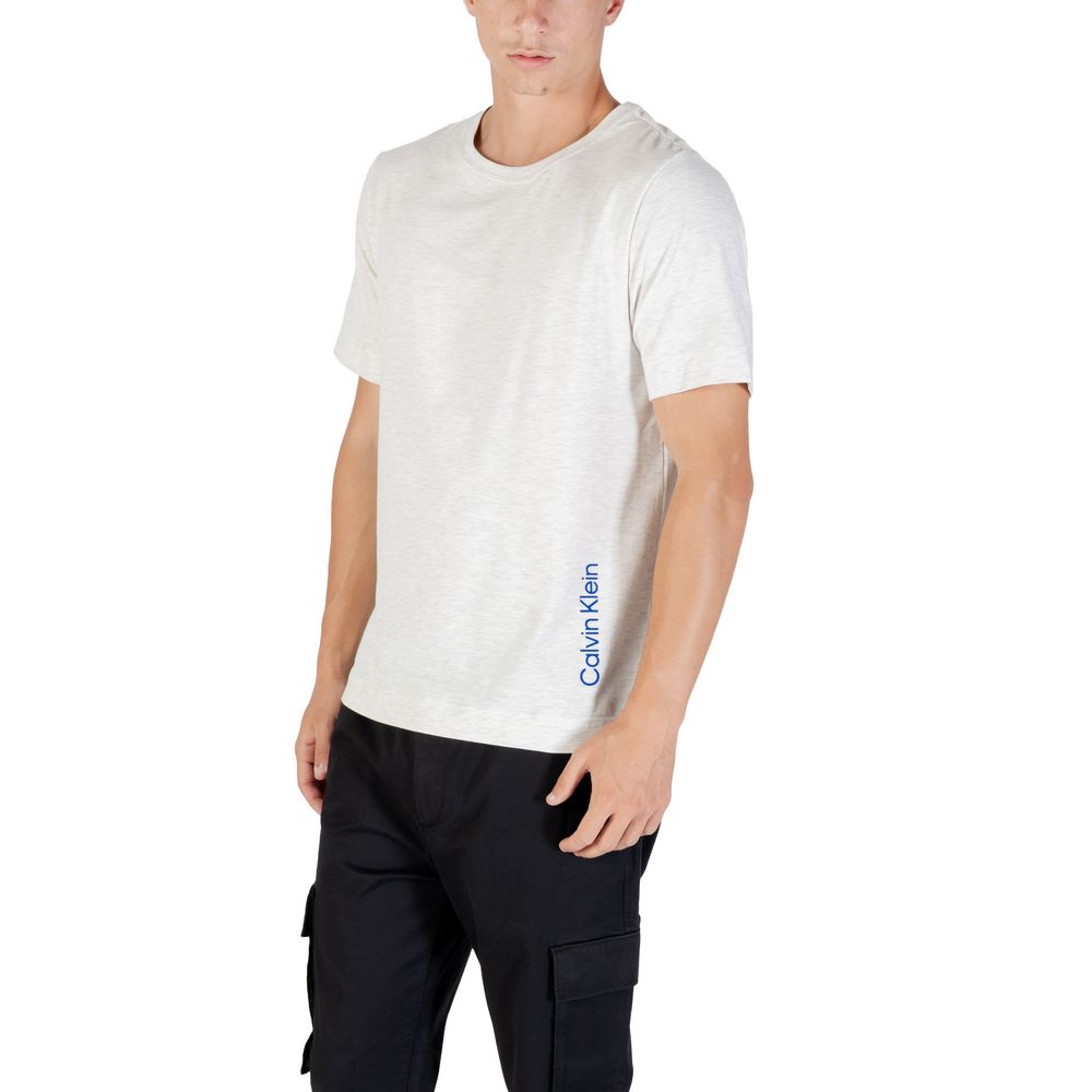 A gray cotton t-shirt with a blue logo on the left chest area