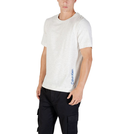 A gray cotton t-shirt with a blue logo on the left chest area