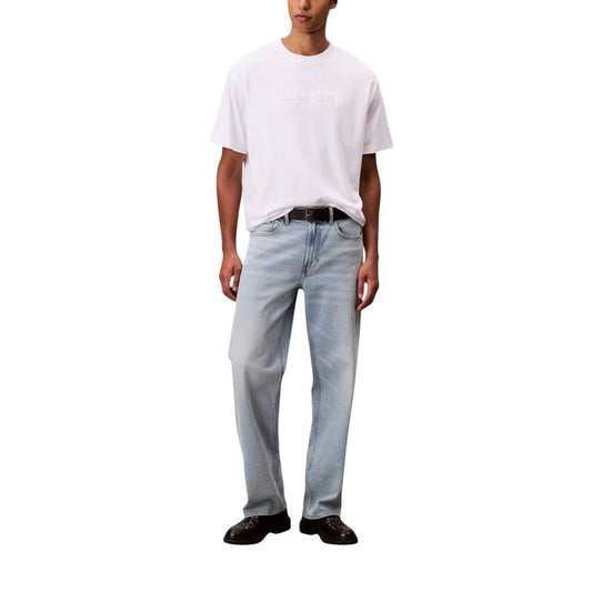 A mannequin wearing a white cotton t-shirt with a logo on the front