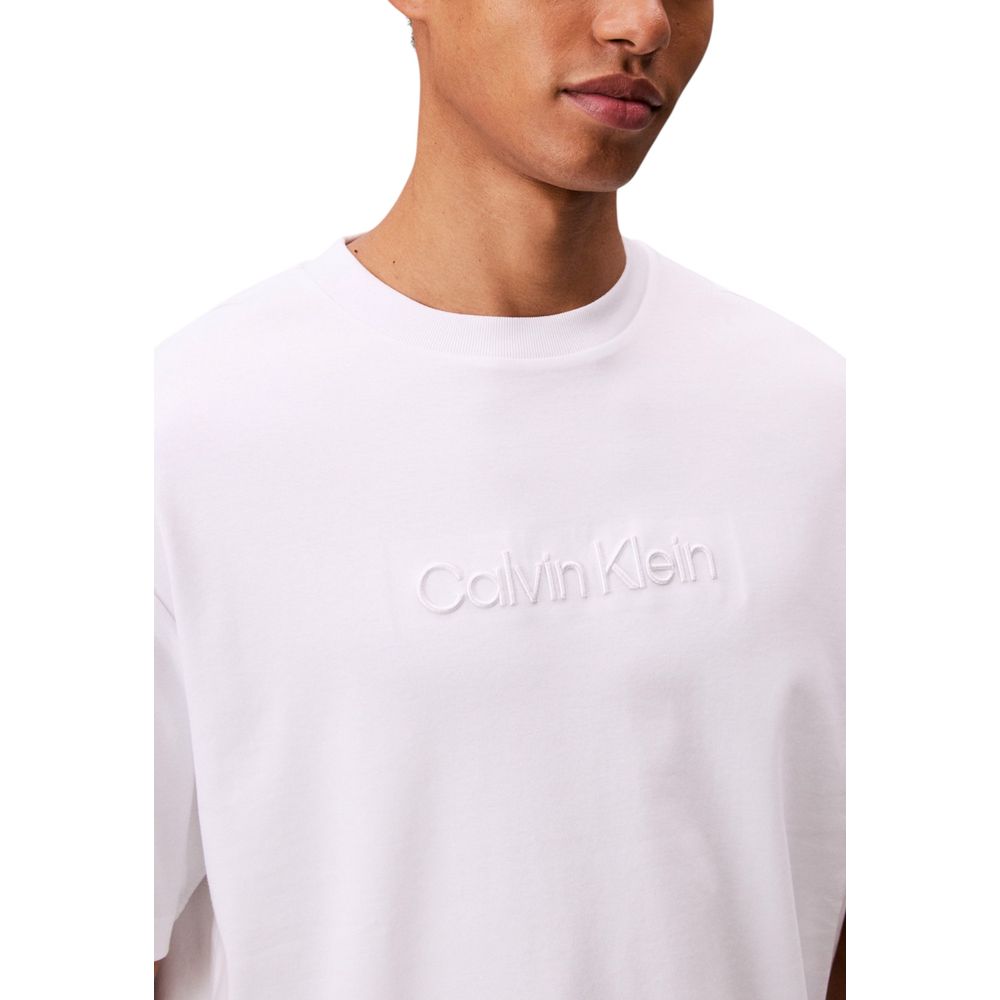 A white cotton t-shirt with a logo on the front