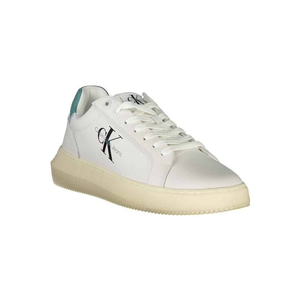 A white leather men's sneaker with a low top, lace-up front, and a chunky sole
