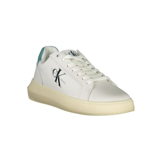 A white leather men's sneaker with a low top, lace-up front, and a chunky sole