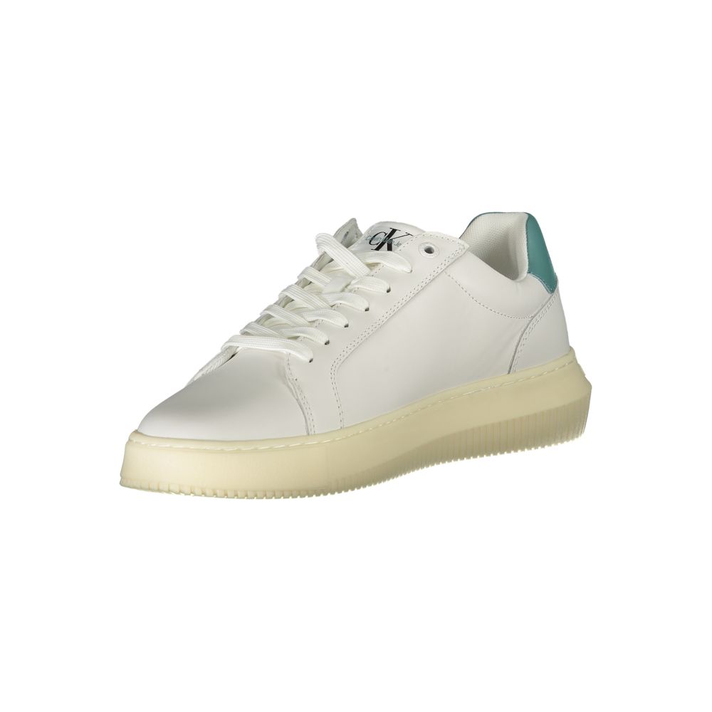 A white leather men's sneaker with a low top, lace-up front, and chunky sole