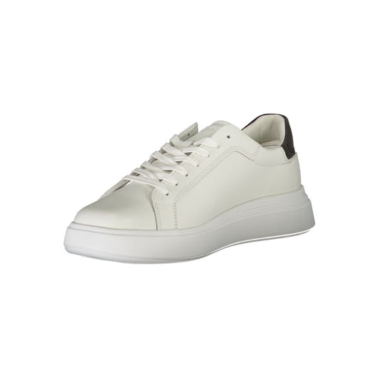 A white leather men's sneaker with a lace-up front, featuring a low top and flat sole