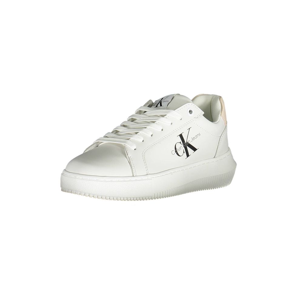 A white leather women's sneaker with a low top, lace-up front, and a logo on the side