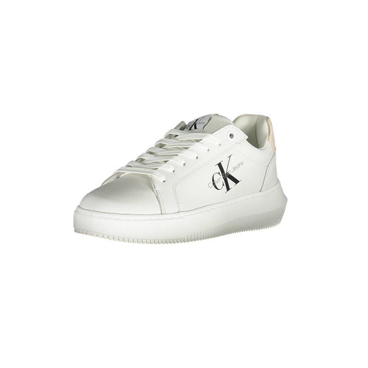 A white leather women's sneaker with a low top, lace-up front, and a logo on the side