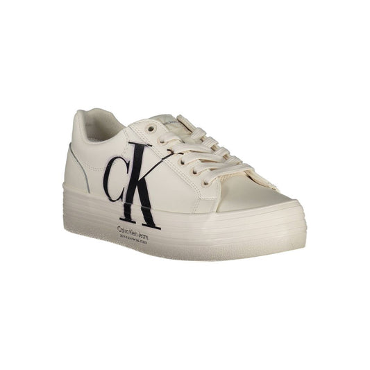 A white leather women's sneaker with a logo on the side, featuring a flat sole and laces