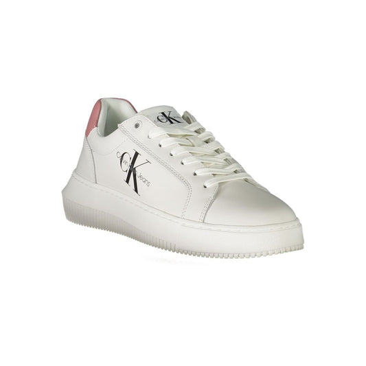 A white leather women's sneaker with a low top, lace-up front and a flat sole