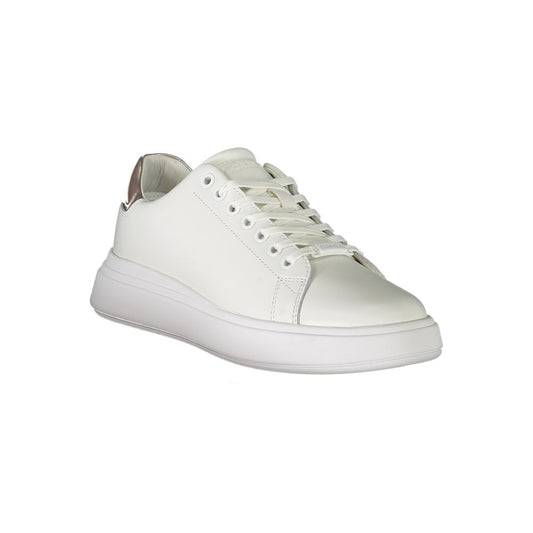 A white leather women's sneaker with a low top, lace-up front, and flat sole