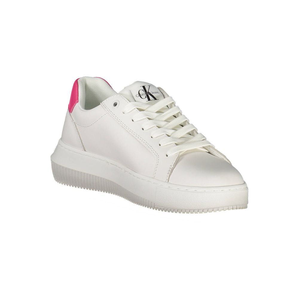 A white leather women's sneaker with a pink logo on the side