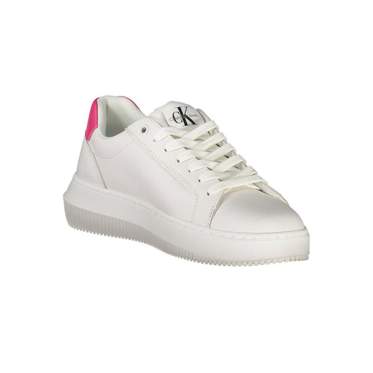 A white leather women's sneaker with a pink logo on the side