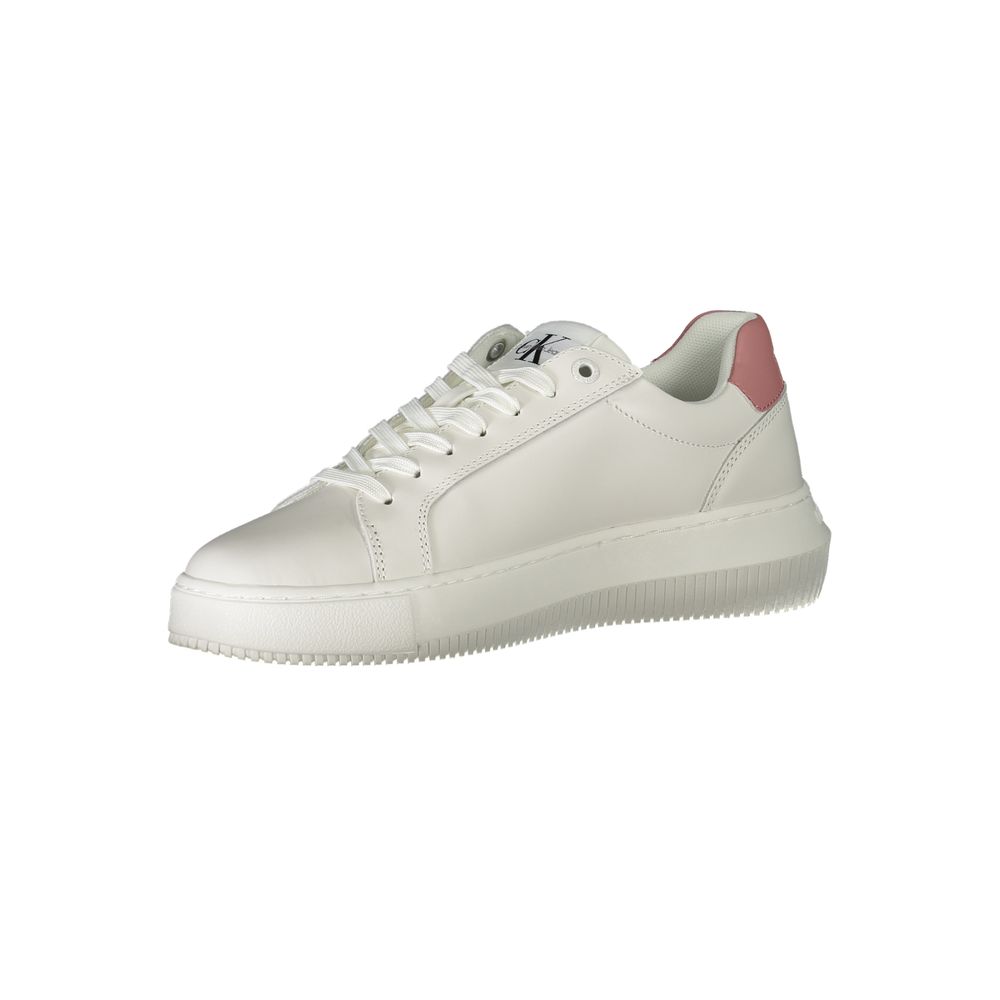 A white leather women's sneaker with a pink sole, featuring a lace-up front and a low top