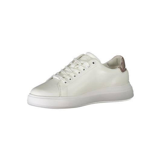 A white leather women's sneaker with a lace-up front, featuring a low top and a flat sole