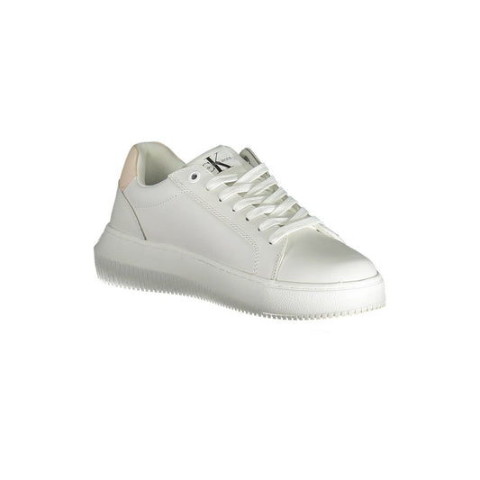 A white leather women's sneaker with a low top, lace-up front, and chunky sole