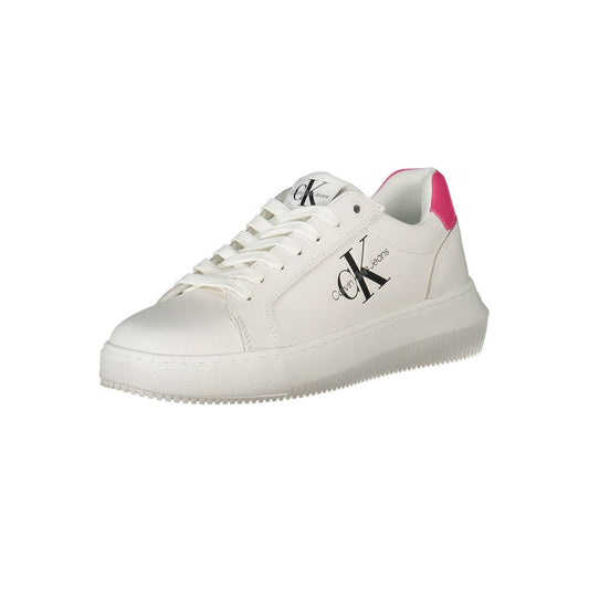 A white leather sneaker with a pink sole, featuring the Calvin Klein logo on the side
